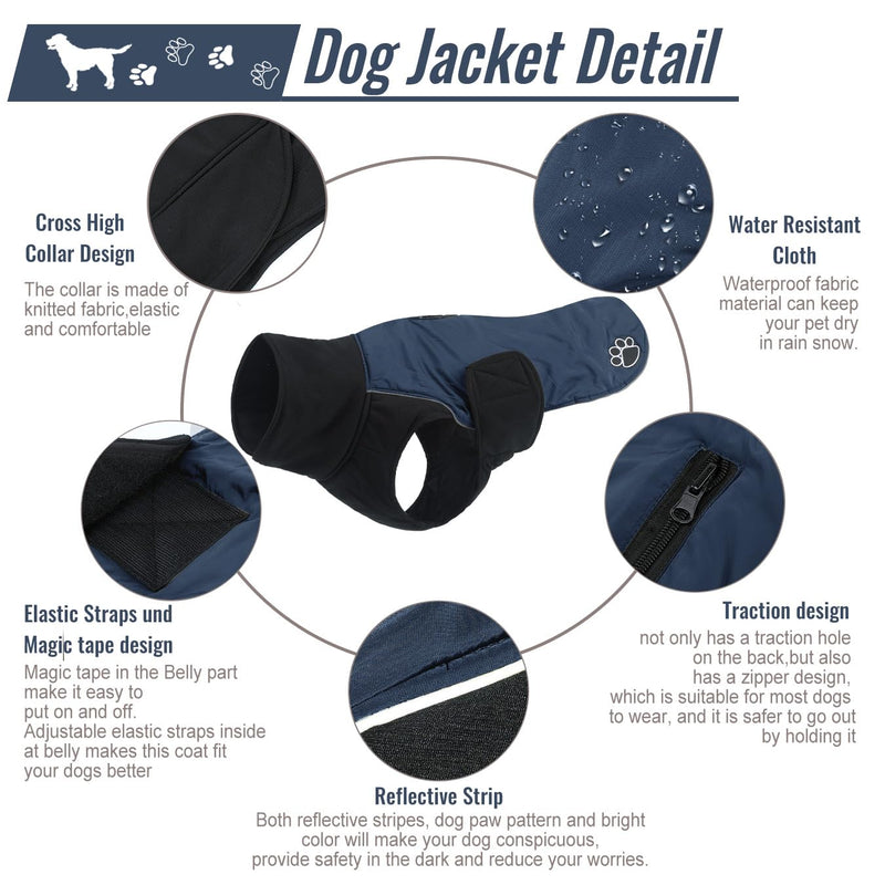 ALAGIRLS Reflective Waterproof Dog Coat with Turtleneck, Warm Dog Jacket, Dog Raincoat, Windproof Snowproof Dog Vest for Small Medium Large Dogs Dark Blue 2XL XXL (Chest Circumference: 70-85cm) - PawsPlanet Australia