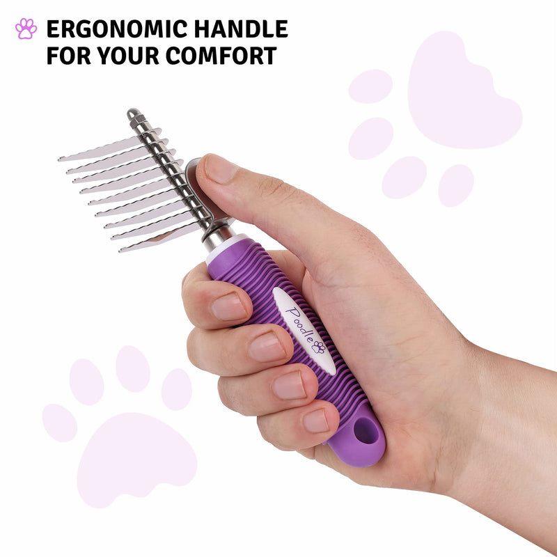 Poodle Pet Dematting Fur Rake Comb Brush Tool with Long 2.5” Steel Safety Blades for Detangling Matted or Knotted Undercoat Hair, Safe Grooming Accessories for Dogs, Longhaired Cats, Rabbits, Horses - PawsPlanet Australia