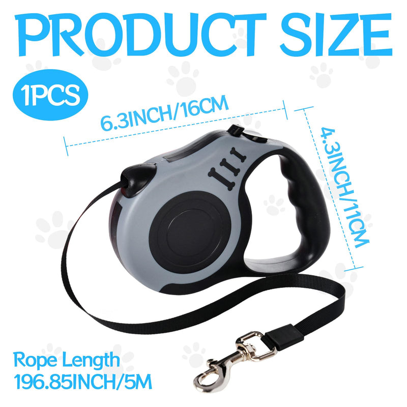 Roll-up dog leash, 1 piece, gray, 5 m roll-up leash for dogs, automatic extendable dog leash, anti-slip handle and quick brake button for small dogs up to 25 kg - PawsPlanet Australia