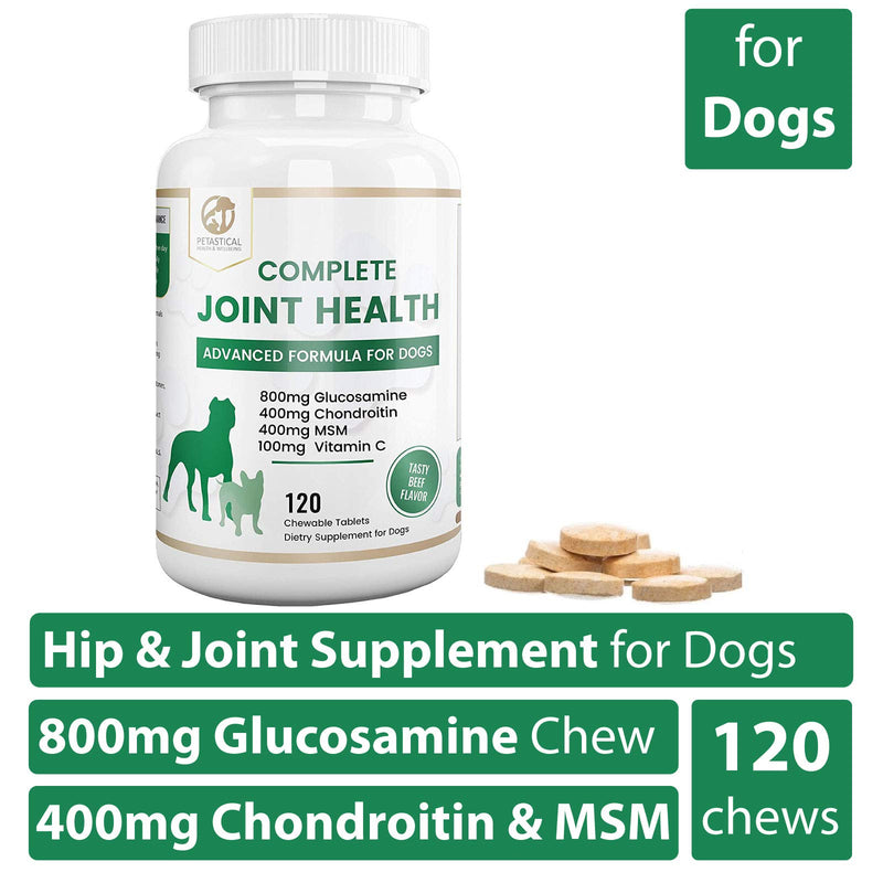 Petastical Dog Joint Supplements - Hip Support - 800mg Glucosamine - Triple Strength includes Chondroitin, MSM and Vitamins - 120 Chewable Tablet Treats - PawsPlanet Australia