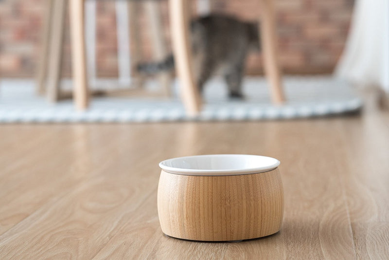 [Australia] - TigerLi Raised Cat Bowl 6" with Nature Bamboo Stand, Beautiful and Functional Design Pet Feeder Ceramic 