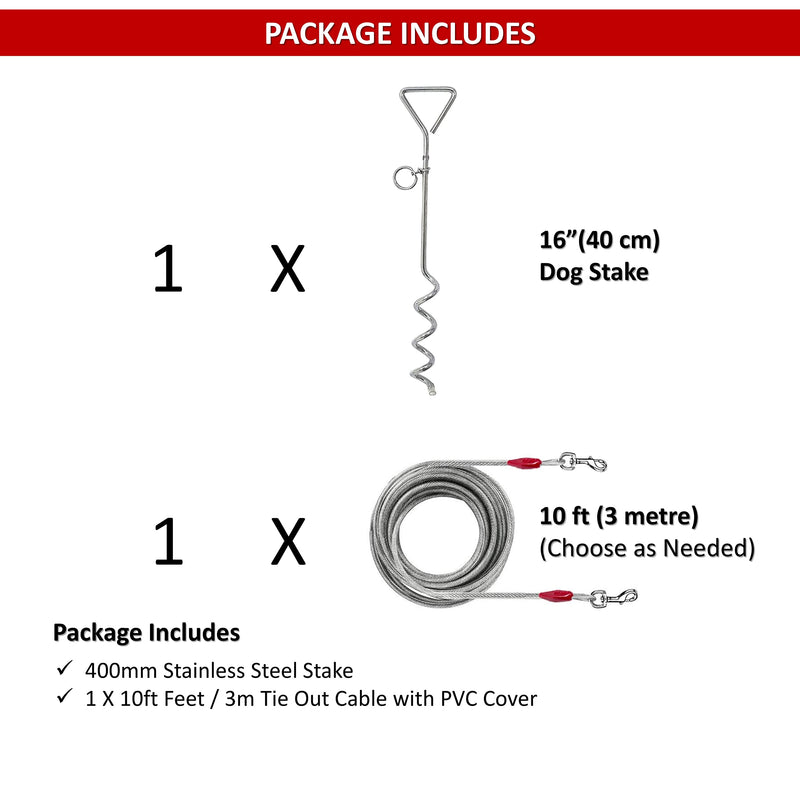 10ft [3m] Dog Tie Out Cable with 16" [40cm] Heavy Duty Steel Spiral Ground Spike Stake Dog Chains for outside Dog Tether Outdoor Dog Camping Tie Out Dog Lead Hook Leash for Dogs (Spiral, 3m (10ft)) 3m (10ft) - PawsPlanet Australia