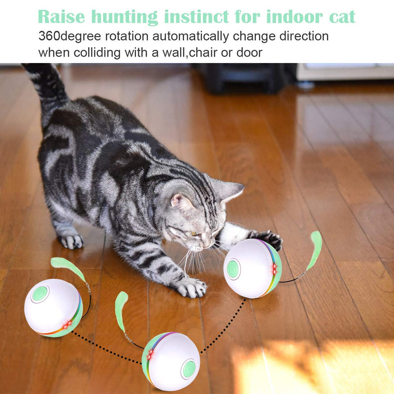 Fairwin Cat Toys for Indoor Cats, Interactive Cat Toy Ball with LED Light and Catnip Toys for Cats Kitten Funny Chaser Roller Auto 360 Degree Self-Rotating & USB Rechargeable GreenWhite - PawsPlanet Australia