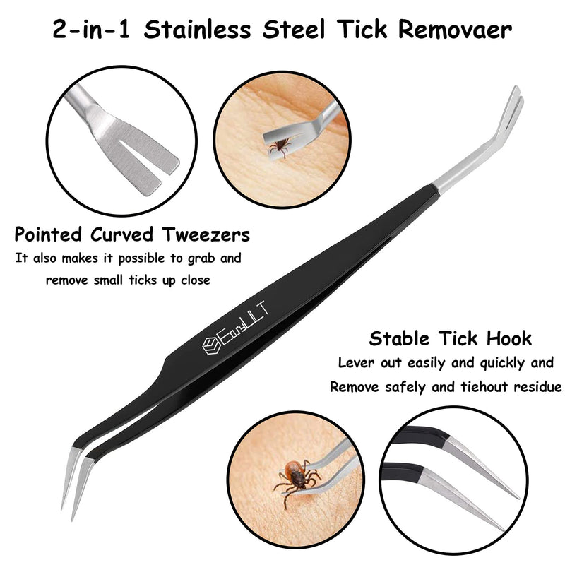 EasyULT Tick Remover, 2 in 1 Tick Removal Tool Stainless Steel, Stainless Steel Tick Remover for Dogs Cats Horses, Iron Box, Safe Tick Remover for Pet - Black - PawsPlanet Australia