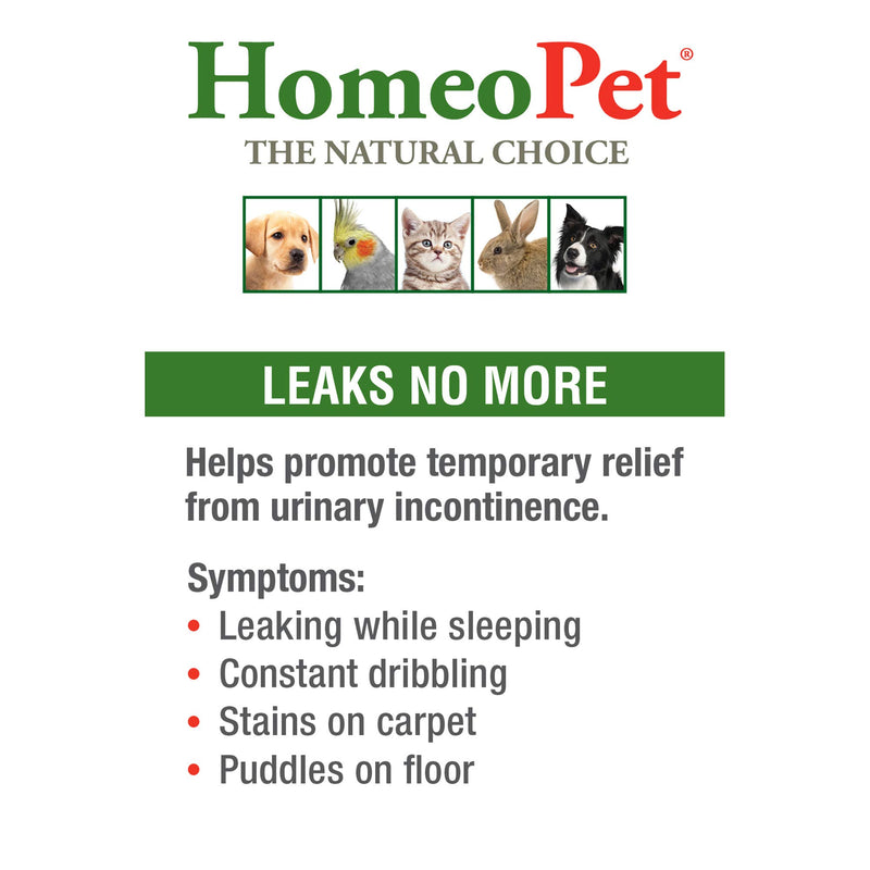 HomeoPet LEAKS NO MORE - 100% Natural Pet Medicine. Urinary incontinence or leaking due to old age, spaying or neutering. Pets of all ages. 15ml/up to 90 doses per bottle - PawsPlanet Australia