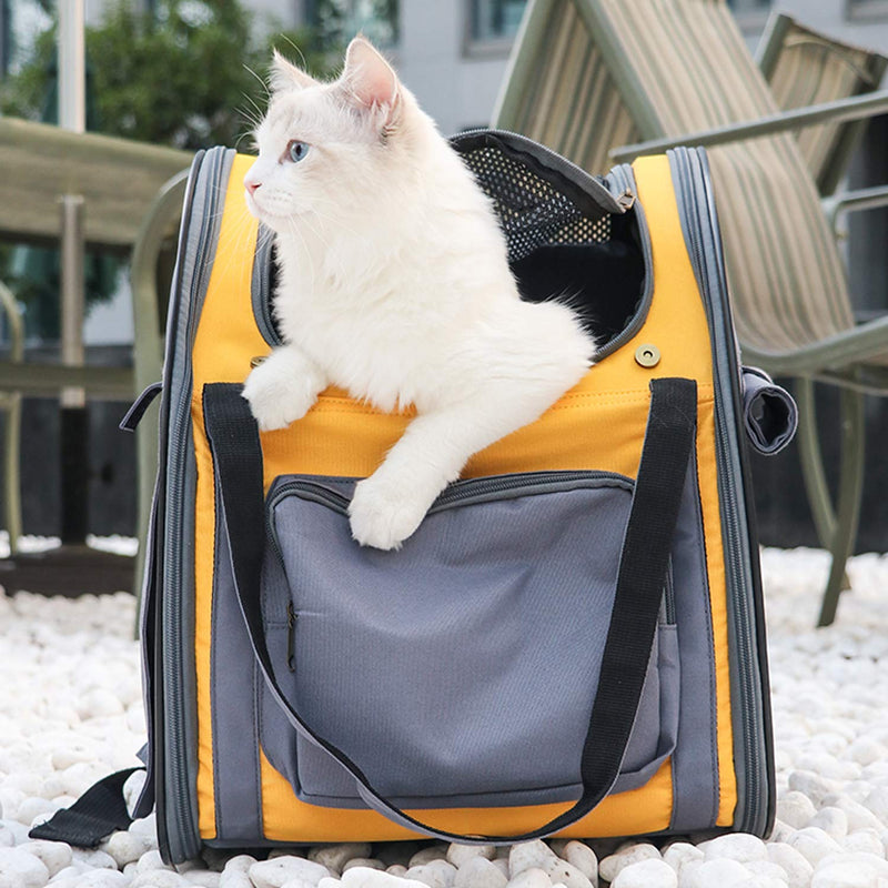 PETTOM Pet Backpack Carrier for Dogs Cats Puppies Bunny, Pet Carry Bag with Ventilated Design, Sun-proof Curtains, Two-Sided Entry, Head Window, Removable Fleece Mat for Outdoor Travel Hiking 36 * 26 * 40 CM Yellow - PawsPlanet Australia