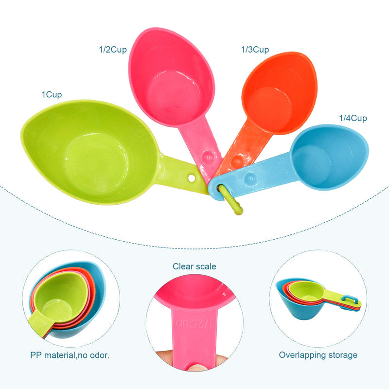 [Australia] - Roundler Pet Food Scoop Set, 4 Sizes Plastic Measuring Cups & 4 Sizes Collapsible Silicone Pet Measuring Scoops for Dog Cat Bird Guinea Pig Ferret and Other Small Animals Dry Food Water Random 