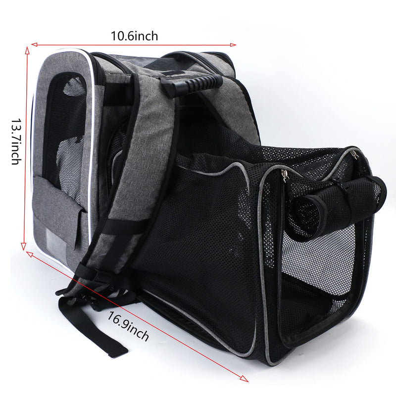 Pet Carrier Backpack Bag for Cats, Small & Medium Sized Dogs & other Pets- ENCHANT Pet Carrier Rucksack is Expandable with Extendable Back, Breathable Opening Mesh & Window Pockets. GREY - PawsPlanet Australia