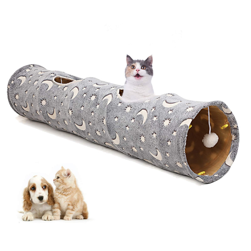 LUCKITTY Cat Tunnel Tube with Plush Ball Toys Collapsible Self-Luminous Photoluminescence, for Small Pets Bunny Rabbits, Kittens, Ferrets,Puppy and Dogs Grey Moon Star 47.2Inch - PawsPlanet Australia