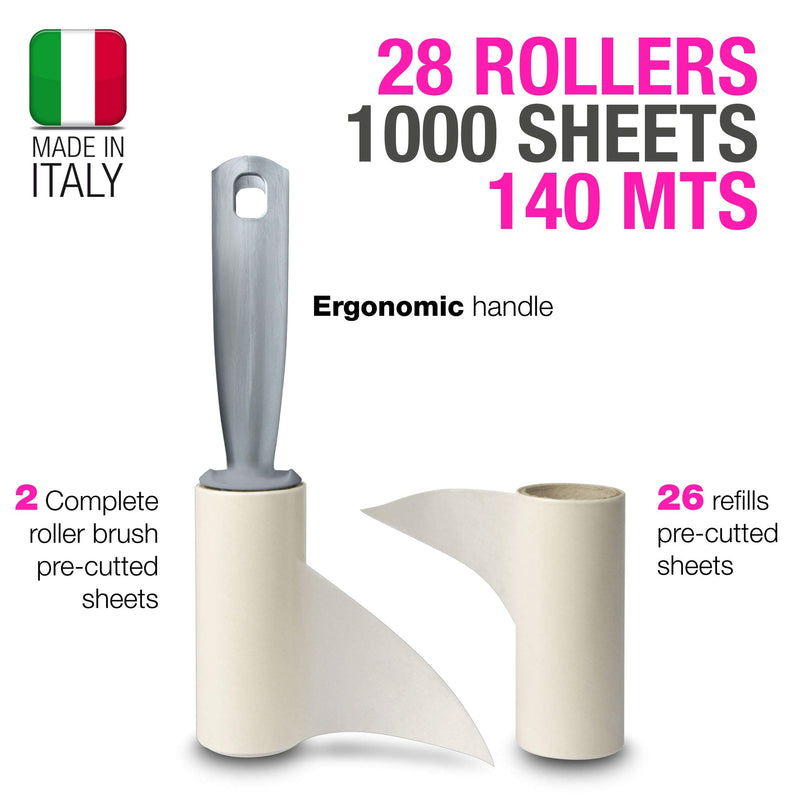 Sticky lint roller. Pet hair remover. 28 refill. 140 metres long roll of sticky paper. Suitable for clothes, hair, pets, sofas, rugs, carpets, seats, lint, dust. 100% made in Italy - PawsPlanet Australia