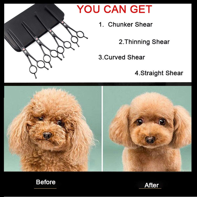 [Australia] - Dream Reach Professional Pet 7.0 Inches Cat Dog Grooming Shears Scissors, Straight, Curved, Thinning/Blending/Chunking Scissors Kit 4-Set Blunt Tip 