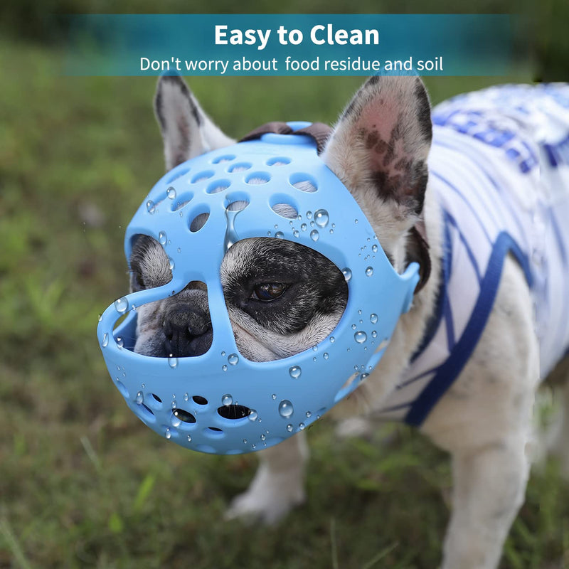 BARKLESS Short Snout Dog Muzzle, Soft Silicone Flat Faced Muzzle for French Bulldog Shih Tzu and Pug for Biting Chewing Licking and Grooming, Allows Panting S(14-15.3in) Blue - PawsPlanet Australia