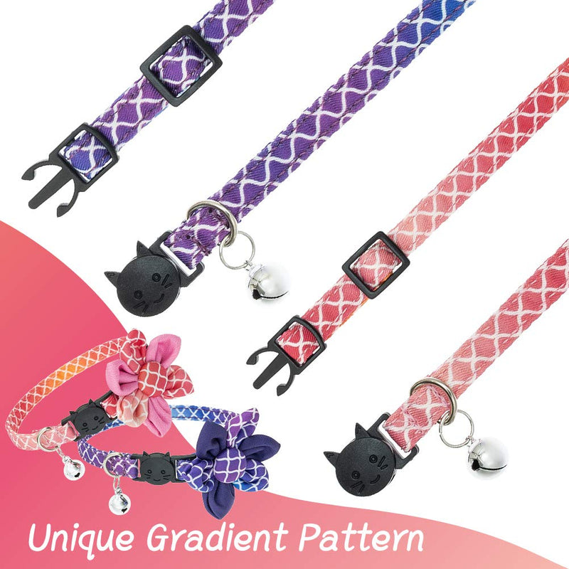 BINGPET Breakaway Cat Collar with Bells, 2 Pcs Adjustable Kitten Collars with Detachable Flower Accessories, Unique Gradient Pattern, Pink/Purple - PawsPlanet Australia