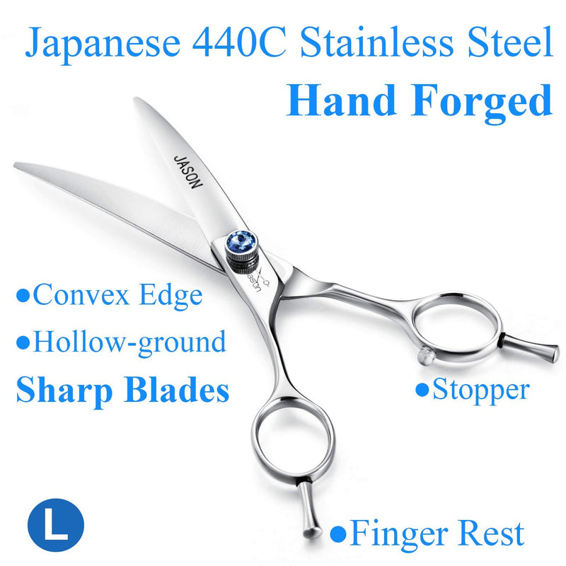 JASON Left Handed 7" Dog Grooming Scissors, Ergonomic Blending, Chunkers, Curved, Straight Cat Pet Hair Trimming Thinning Shears with Offset Handle and a Jewelled Screw, Professional A-7"- Curved - PawsPlanet Australia