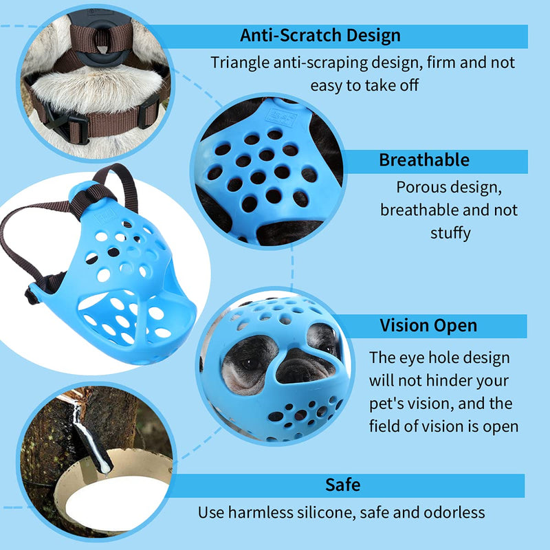 BARKLESS Short Snout Dog Muzzle, Soft Silicone Flat Faced Muzzle for French Bulldog Shih Tzu and Pug for Biting Chewing Licking and Grooming, Allows Panting S(14-15.3in) Blue - PawsPlanet Australia