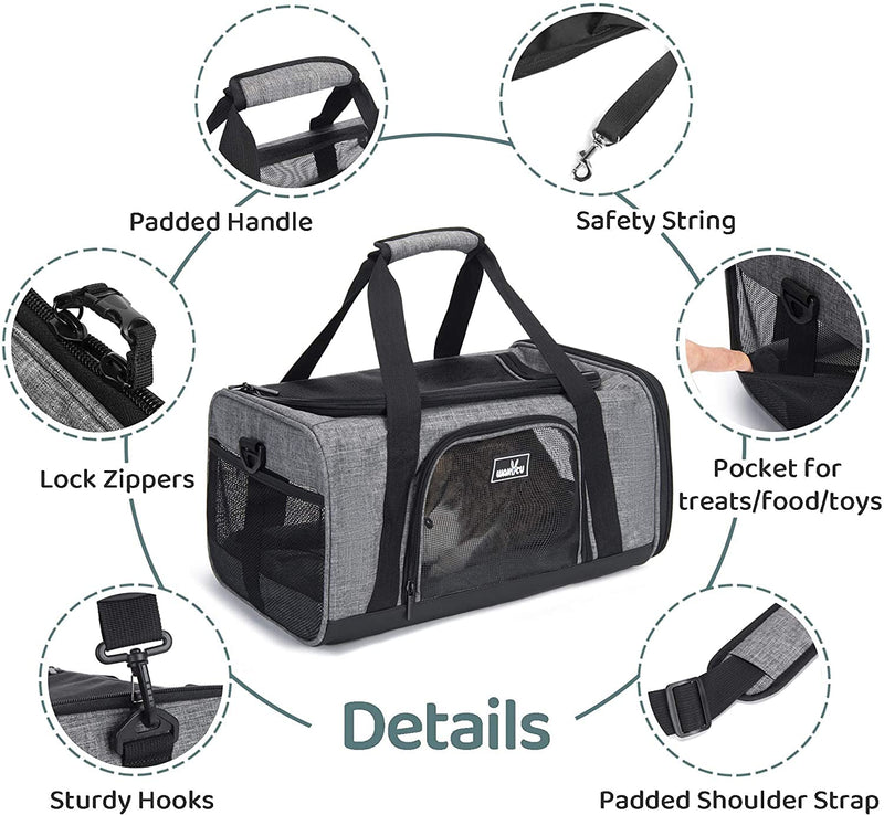 Wakytu TSA Approved Pet Carrier for Small Medium Cats and Dogs Dog Carrier Travel Bag with Adequate Ventilation5 Mesh Windows 3 Entrance Locking Safety Zippers Padded Shoulder and Carrying Strap S 1.0 grey - PawsPlanet Australia