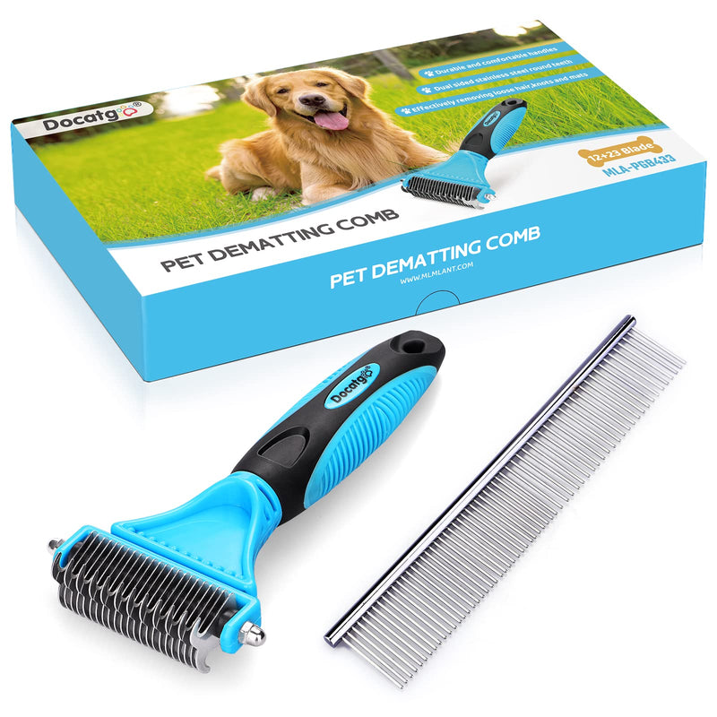 Docatgo dog brush for long hair, dog brush, cat brush, 2 in 1 dog brush for undercoat, dog comb, cat comb, rake comb for medium long hair, easy to remove undercoat and tangles, blue - PawsPlanet Australia