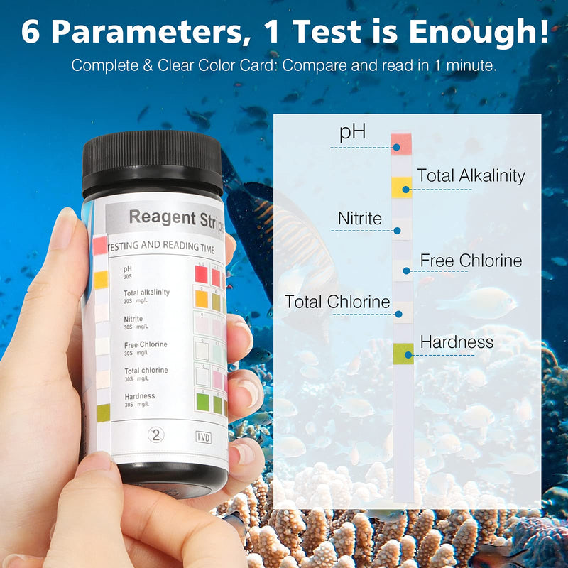 VavoPaw Aquarium Test Strips, Aquarium Water Test Strips, 6 in 1 Fish Tank Test Kit for Testing Freshwater Saltwater Pond Nitrite Chlorine Carbonate Hardness(GH & KH) and pH 50 Strips - PawsPlanet Australia