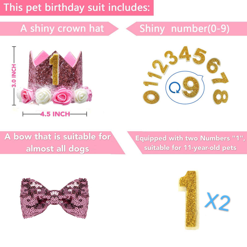 Dog Birthday Girl-Crown Dog Birthday Hat-with 0-9 Figures Charms Grooming Accessories Pack of 1-Pink Adjustable Bow-Great Dog Birthday Outfit and Decoration Set. - PawsPlanet Australia