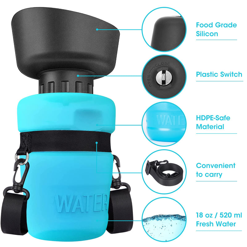 Ficuswin Dog Water Bottle for Walking,18 OZ Portable Outdoor Foldable Pet Water Bottle, Convenient Dog Travel Water Bottle Dispenser with Wide Adjustable Shoulder Strap WB01 Blue - PawsPlanet Australia