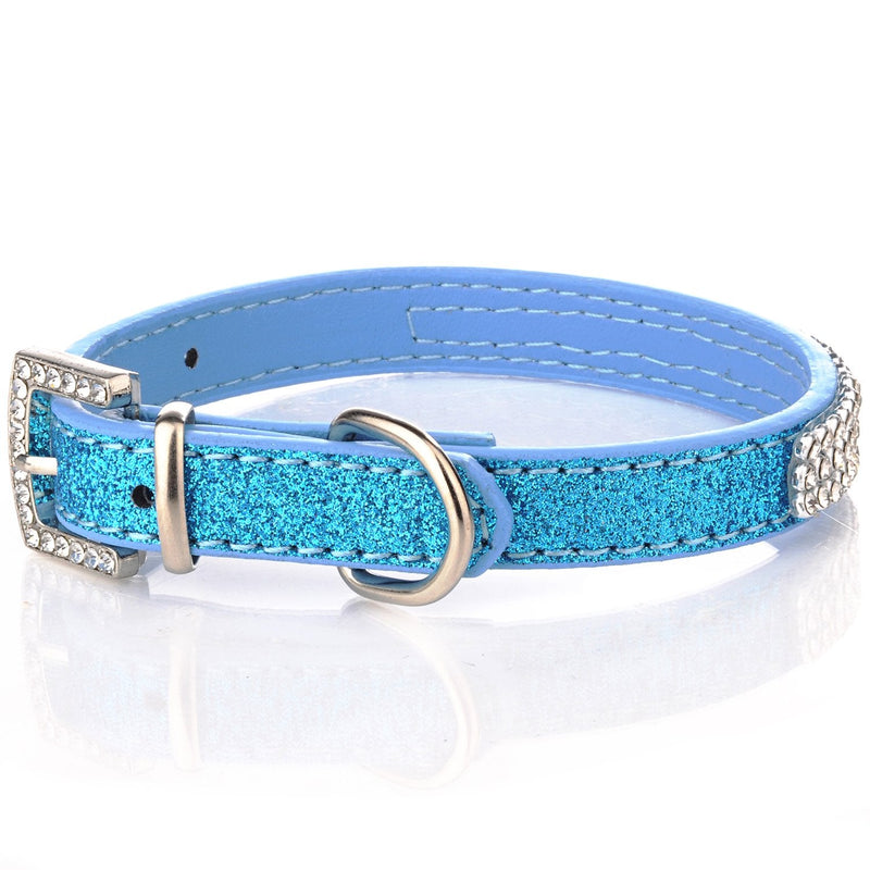 LOVPE,Dog Collar,Glitter Powder Leather+Bling Crystal Pet Collar, [Adjustable Collars for Dogs] Neck 8~11 inch (XS, Blue) XS - PawsPlanet Australia