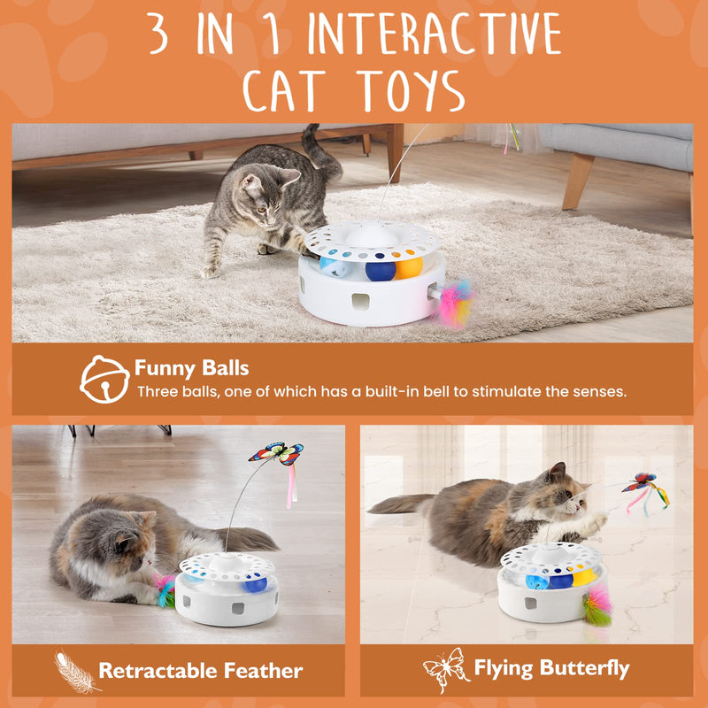 PETTOM 3 in 1 Electric Cat Toy, Mute Interactive Cat Toy with Feathers & Ball Exercise Cat Toy & Rotating Butterfly, Self-employment Cat Teaser Toy for Cats White - PawsPlanet Australia