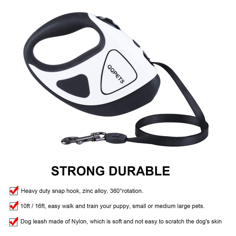 [Australia] - QQPETS Retractable Dog Leash with LED Flashlight for Small Medium Big Breed Dogs, 10/16 ft Extendable Leash, Heavy Duty 360°Tangle Free Nylon Cord Training Running S (10 FT--up to 44lbs ) Black and White 