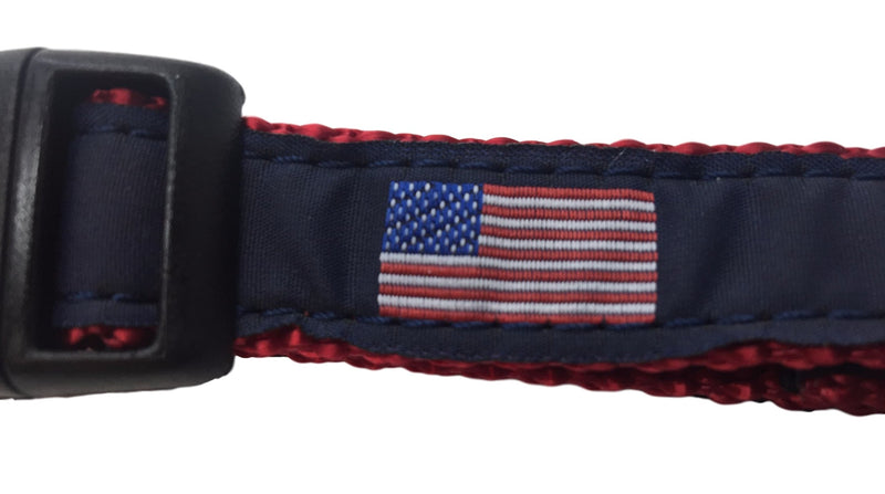 [Australia] - Preston American Flag Dog Collar and Leash Set – American Flag on Navy Blue Ribbon with Red Nylon Webbing Extra Small 