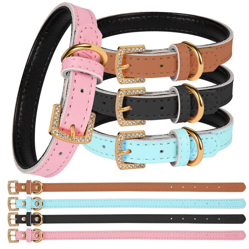 LOVPE Golden Rhinestone Buckle with Comfortable Padded Leather Pet Collars Dog Collar/Cat Collar for Cats Puppy Kitty Small Medium Dogs (XS, Blue) XS - PawsPlanet Australia