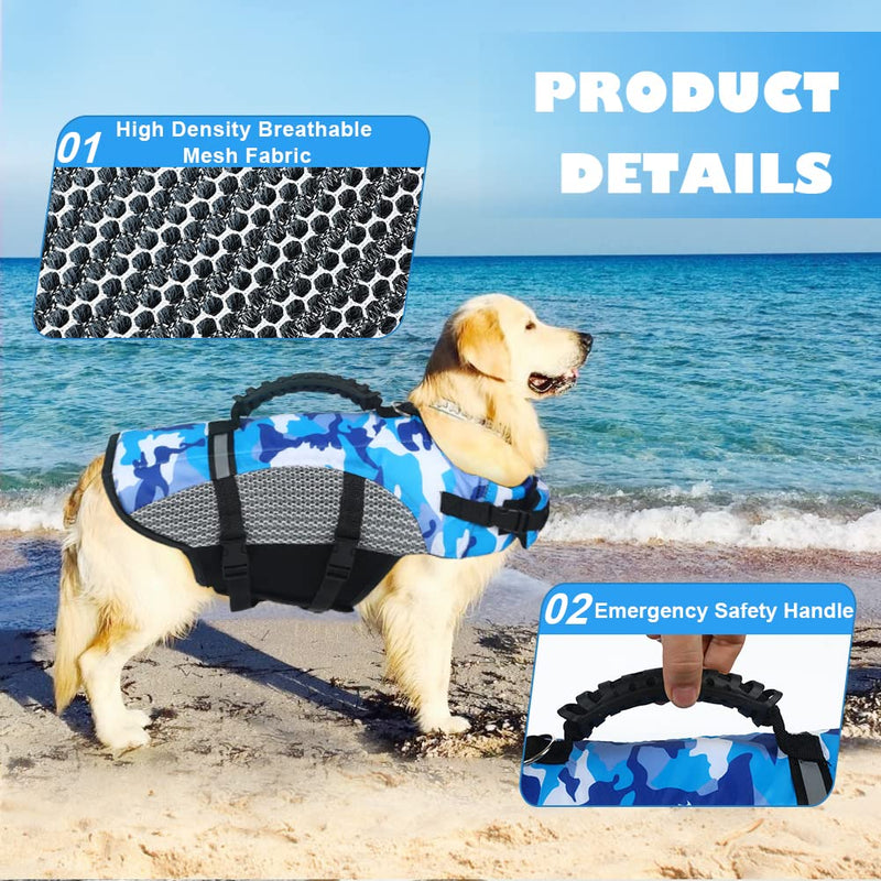 Vanansa Dog Life Jacket, Adjustable Swimming Vest Pet Safety Life Vest Camouflage Lifesaver Vest with Reflective Stripes and Rescue Handle,(XS,Blue) X-Small Blue - PawsPlanet Australia