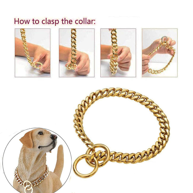 HXNINE Dog Cuban Chain Neck Link Stainless Steel Collar Necklace Choker for Bulldog Rottweiler Thick Golden Chain 15mm Width, 22 inch Length - PawsPlanet Australia