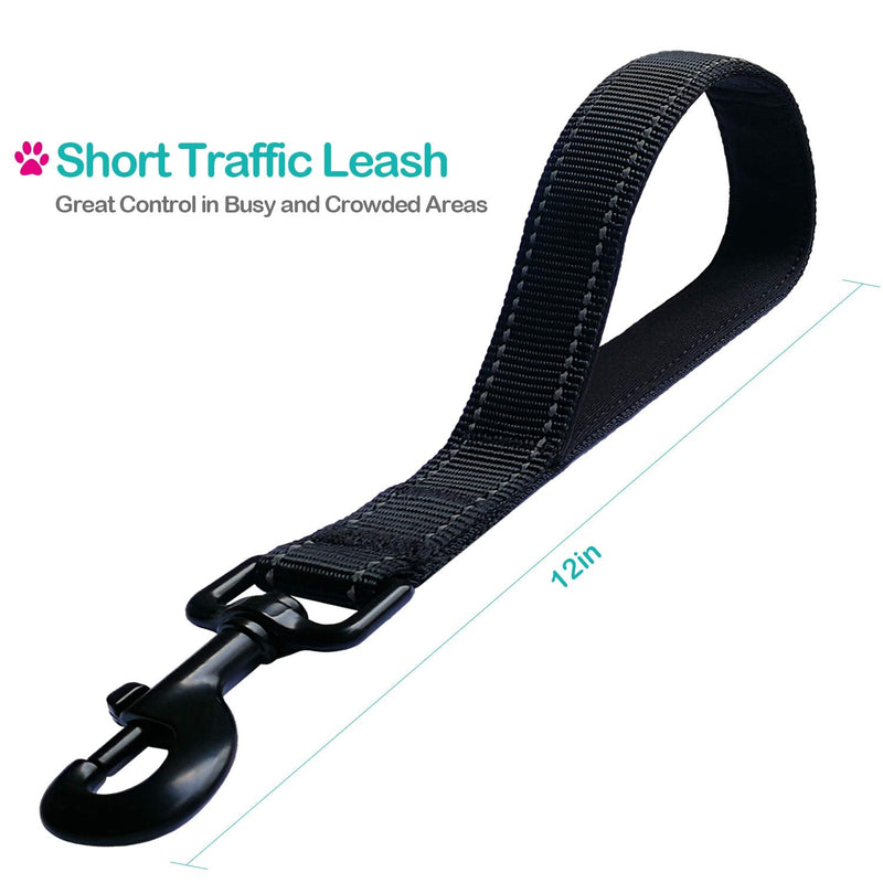 Short Dog Leash - Traffic Padded Handle - Heavy Duty - Short Nylon Dog Lead for Training Control - Reflective Threads Pet Leashes for Large Big Dogs and Medium Dogs 12 Inch Black - PawsPlanet Australia