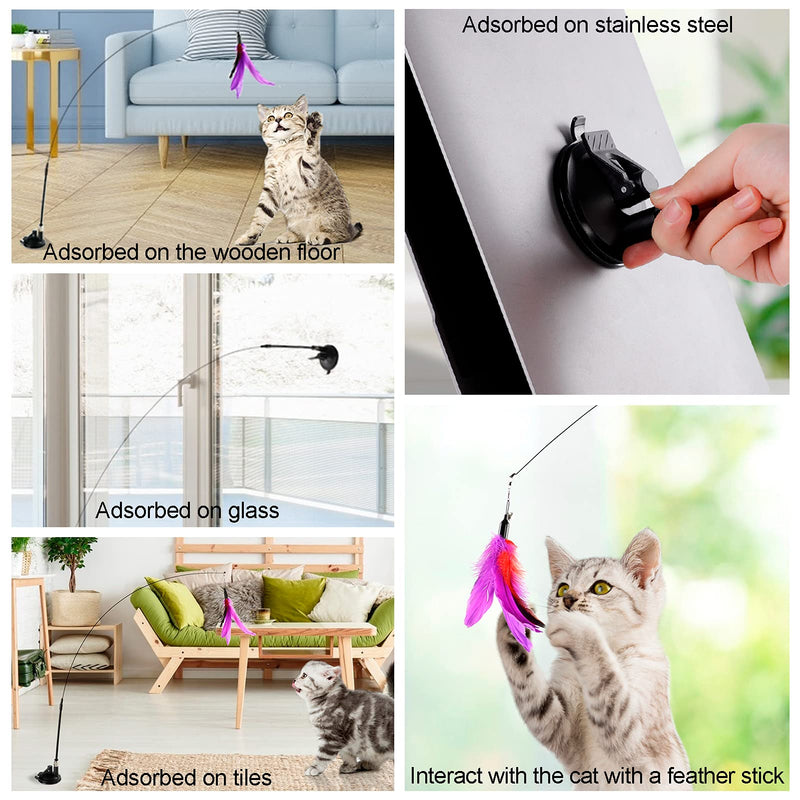 Cat Feather Toys Interactive Cats - Dorakitten Cat Powerful Suction Cup Handheld Teaser Wand Toy and 5PCS Replacement Feather with Bell for Kitty Kitten Scratching Exercise Indoor - PawsPlanet Australia