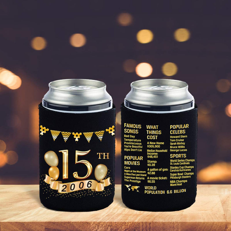 Yangmics 15th Birthday Can Cooler Sleeves Pack of 12-15th Anniversary Decorations- 2006 Sign - 15th Birthday Party Supplies - Black and Gold the fifteenth Birthday Cup Coolers - PawsPlanet Australia