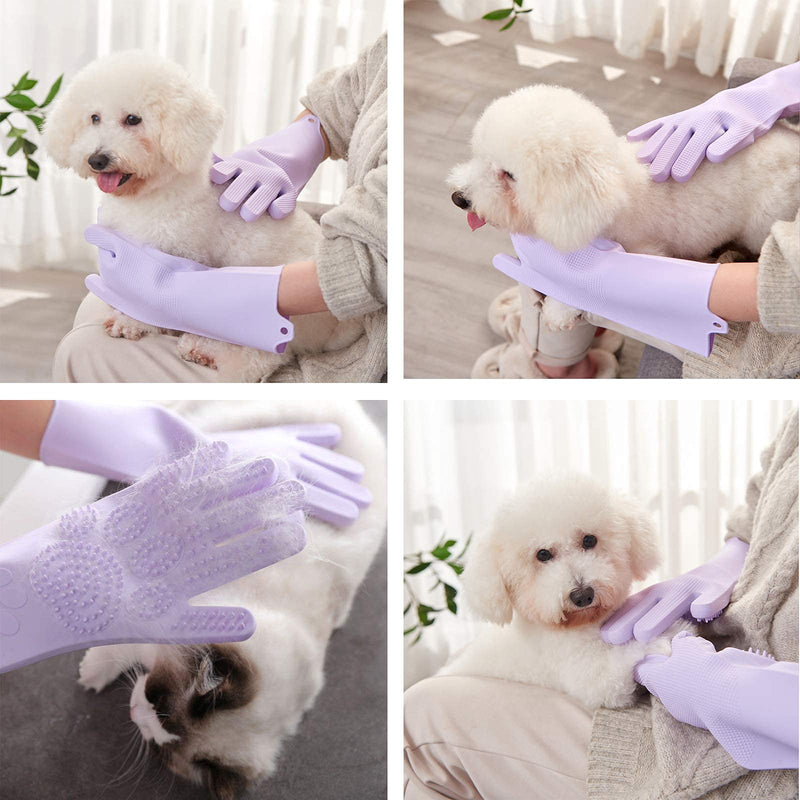 COMMON'H Pet Grooming Gloves, Long Washing Glove Scrubber for Bathing Shedding, Dog Cat Bath Mitt Silicone Brush for Shampooing, Deshedding Hair Remover Purple - PawsPlanet Australia