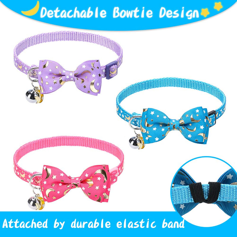 BINGPET Breakaway Cat Collar with Bell 3 Pack, Adjustable Luminous Kitten Collar with Star & Moon Patterns, Removable Bow Tie, Glow in The Dark Purple - PawsPlanet Australia