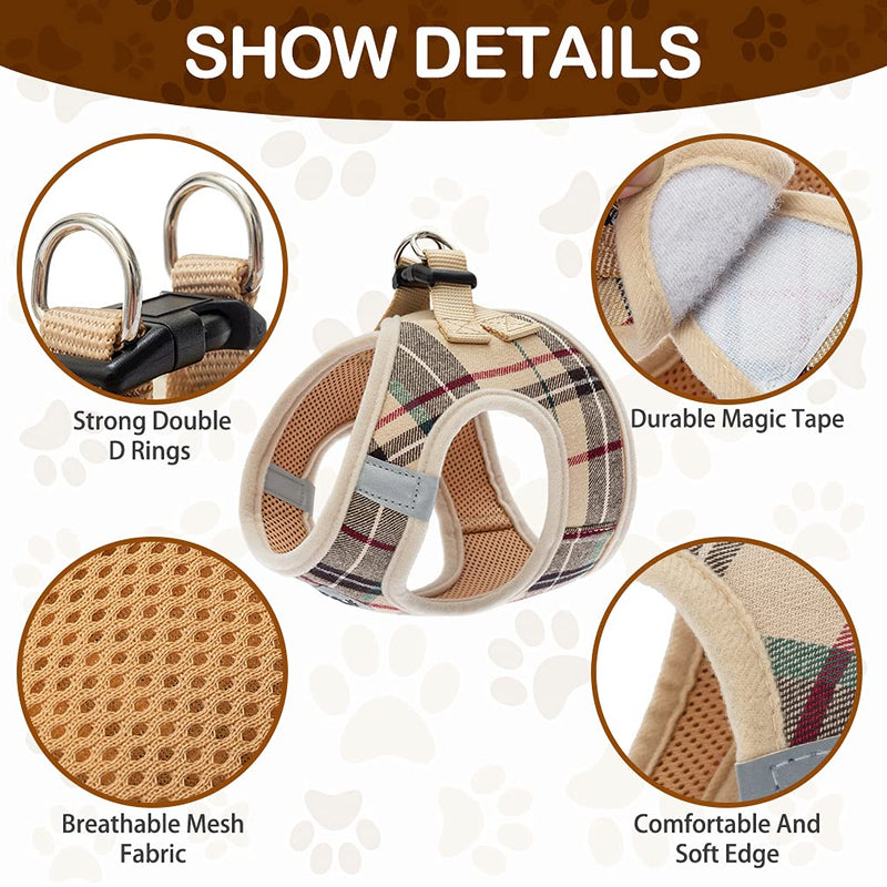 PUPTECK Adjustable Pet Harness Collar and Leash Set for Small Dogs Puppy and Cats Outdoor Training and Running with Classic Beige Plaid Pattern XS: Chest girth: 11.5-13.5in Collar: 9-11.5in - PawsPlanet Australia