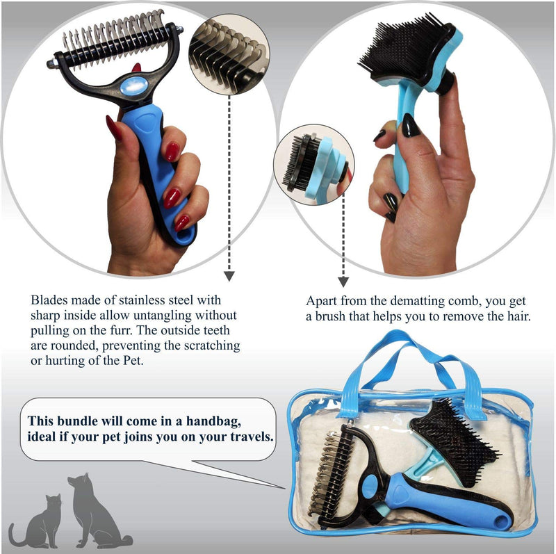 [Australia] - Pet H&C Grooming Tools for Cats and Dogs with Medium to Long Hair, Dual Sided 9X17 Teeth Rake, Comb and Brush Plus Zipper Bag kit, Gently and Safe Removes Loose Hair, Eliminates Tangles, Knots. 