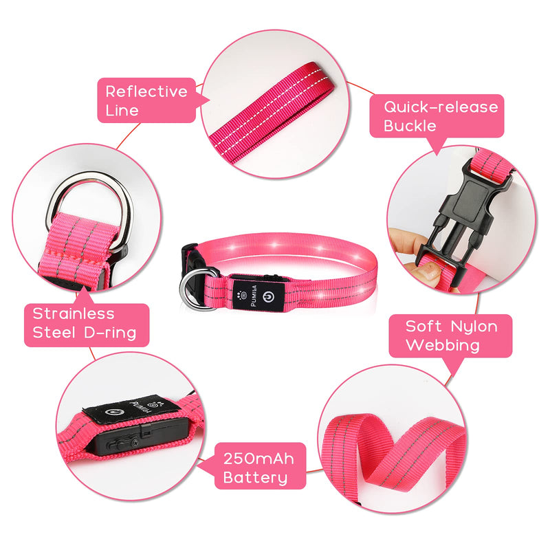 Flashing Dog Collar Rechargeable LED Luminous Dog Collars Waterproof Light Up Dog Collars Super Bright 3 Modes Adjustable for Small Medium Large Dogs, Pink-M M (38-50cm,2.5cm) - PawsPlanet Australia