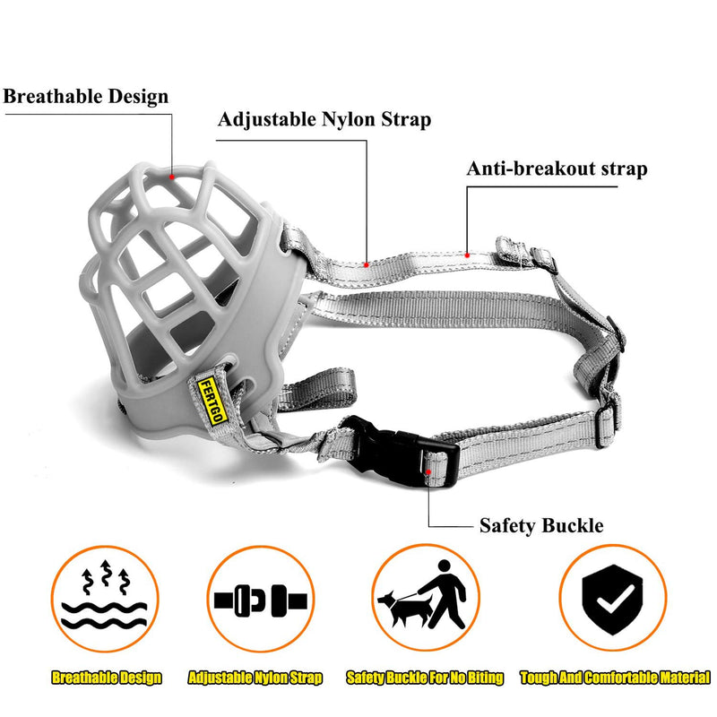 FERTGO Soft Breathable Basket Silicone Dog Muzzles for Small, Medium and Large Dogs, Adjustable, Anti-Barking and Anti-Chewing, Allow Dog Safe Walking,3-Grey - PawsPlanet Australia