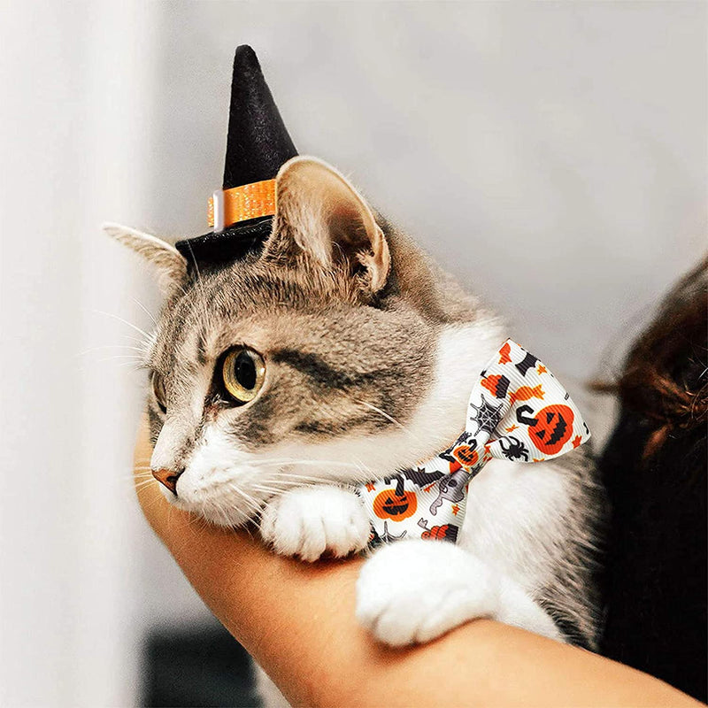 Pohshido 2 Pack Halloween Cat Bowtie Collar with Bell, Holiday Jack-O-Lantern and Candycorn Collar for Kitty Kittern Male Female Cats Jack-O-Lantern/Skeleton Dance - PawsPlanet Australia