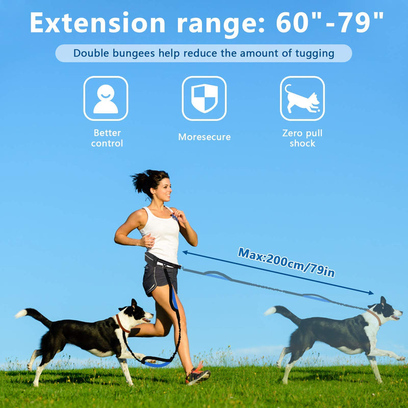 Hands Free Dog Leash, Suitable for Running Walking Jogging Hiking, Training for Small Medium and Large Dogs, Adjustable Waist Belt, Dual-Handle Reflective Bungee, Zipper Pouch, Shock Absorption. Black W Blue - PawsPlanet Australia