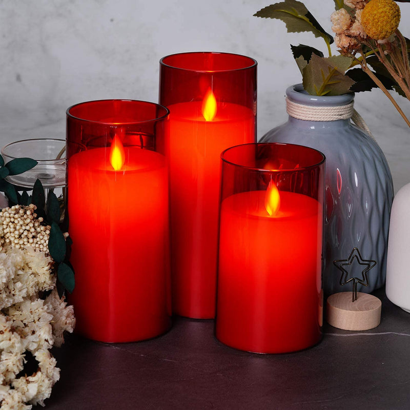 Homemory Red Flickering Flameless Candles, Battery Operated Acrylic LED Pillar Candles with Remote Control and Timer, Set of 3 - PawsPlanet Australia