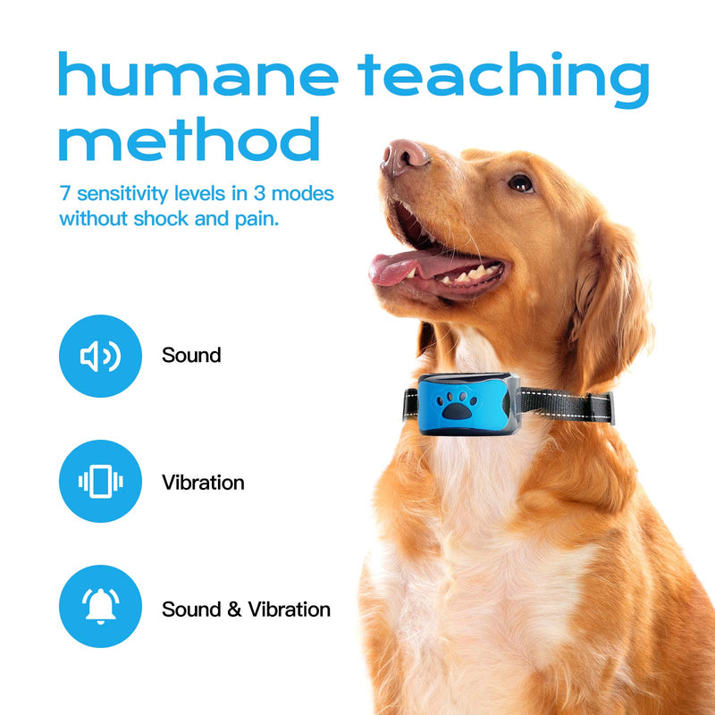 Rechargeable Dog Bark Collar, Humane No Shock Barking Collar with Beep w/2 Vibration & 7 Adjustable Sensitivity, Automatic Training Collar Suit for Small, Medium, Large Dogs Blue - PawsPlanet Australia