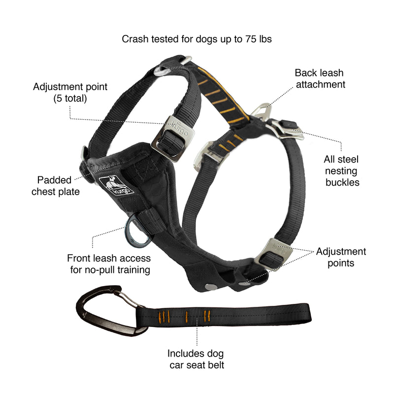 Kurgo Dog Harness, Car Harness for Dogs, Front D-Ring for No Pull Training, Includes Dog Seat Belt Tether, Tru-Fit Smart Harness, Medium, Black - PawsPlanet Australia