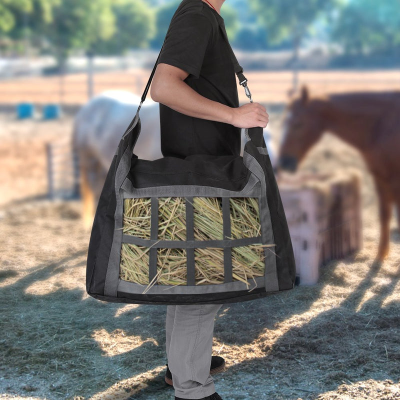 [Australia] - Yosoo Hay Bag, Black Adjustable Strap and Large Capacity 600D Oxford Cloth Horse Feeding Bag Hay Tote Bag Slow Feed Hay Bag with Small Squares 24 x 19 x 10inch 