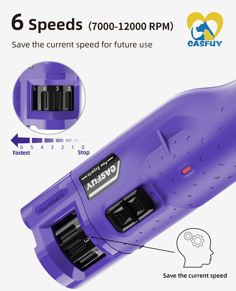Casfuy Dog Claw Grinder - (45dB) 6 Speed Pet Claw Grinder with 2 LED Lights for Large, Medium and Small Dogs and Cats. Electric dog nail trimmer with dust cap purple - PawsPlanet Australia
