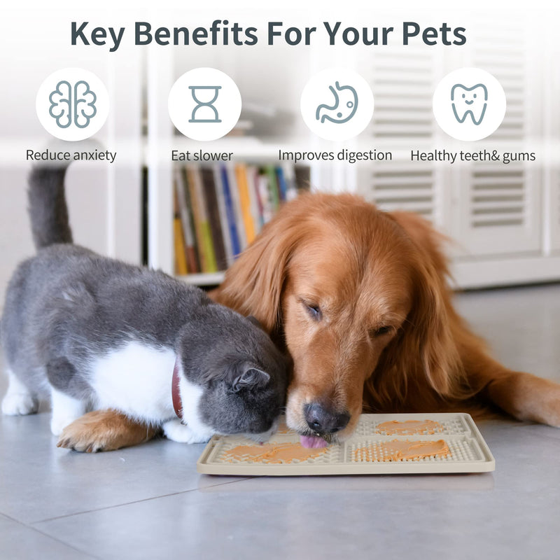 Qishare Dog Lick Mats with 1 Spatula + 1 Brush for Easier Cleaning, Peanut Butter Lick Mat with Suction Cup, Suitable for Bathing and Grooming Pets (Beige) Beige - PawsPlanet Australia