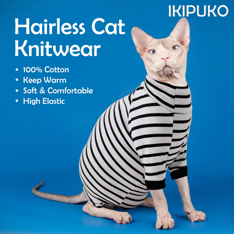 IKIPUKO Sphynx Cat Clothing, Pure Cotton Turtleneck Knitwear, Stripes Thin Bottoming T-Shirt for Spring Summer Autumn, Soft Knit Sweater Coat for Hairless Cat Small Dog Puppy XS - PawsPlanet Australia