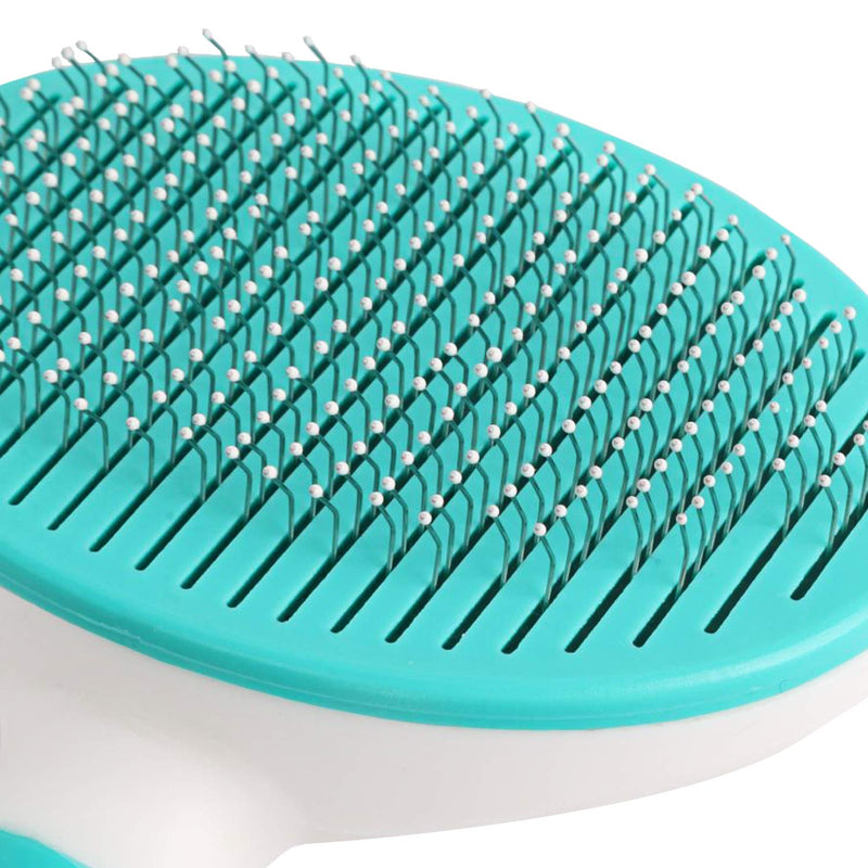 [Australia] - Best Self Cleaning Button Pet Comb Brush Shedding Slicker Non-Slip Handle for Cat Dog Grooming Gently Removes Tangled Matted Fur Protective Round Tip Stainless Steel Pin Blue 